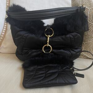 Rare Y2K Coach Black Soho Ski Bunny Hobo 3587 + Wristlet Rabbit Fur 2PC Set NWOT